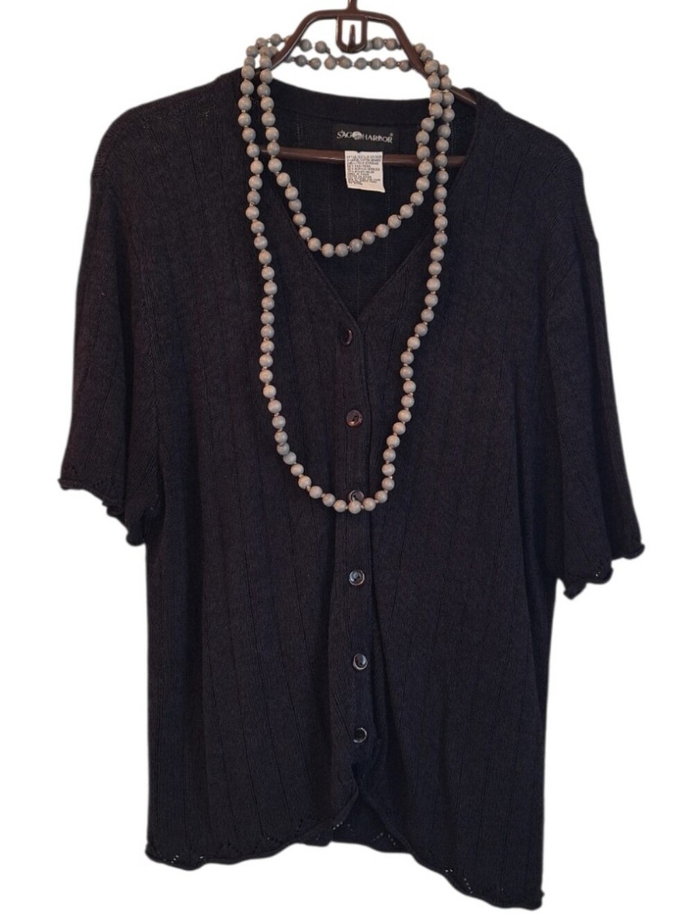 Short-Sleeve Button Sweater Paired With Gray Distressed Wooden Bead Necklace